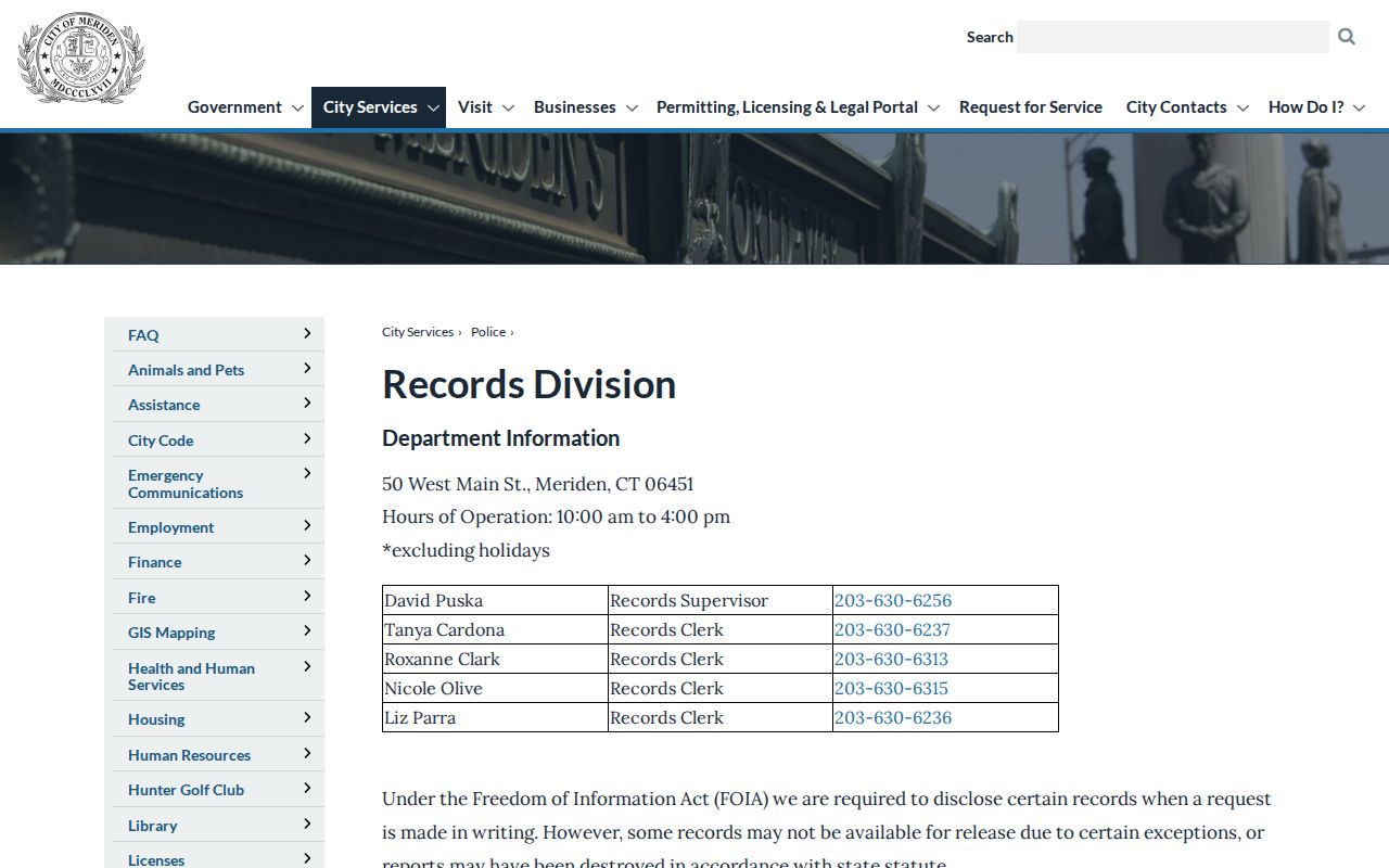 Meriden Police Records Division criminal report request page