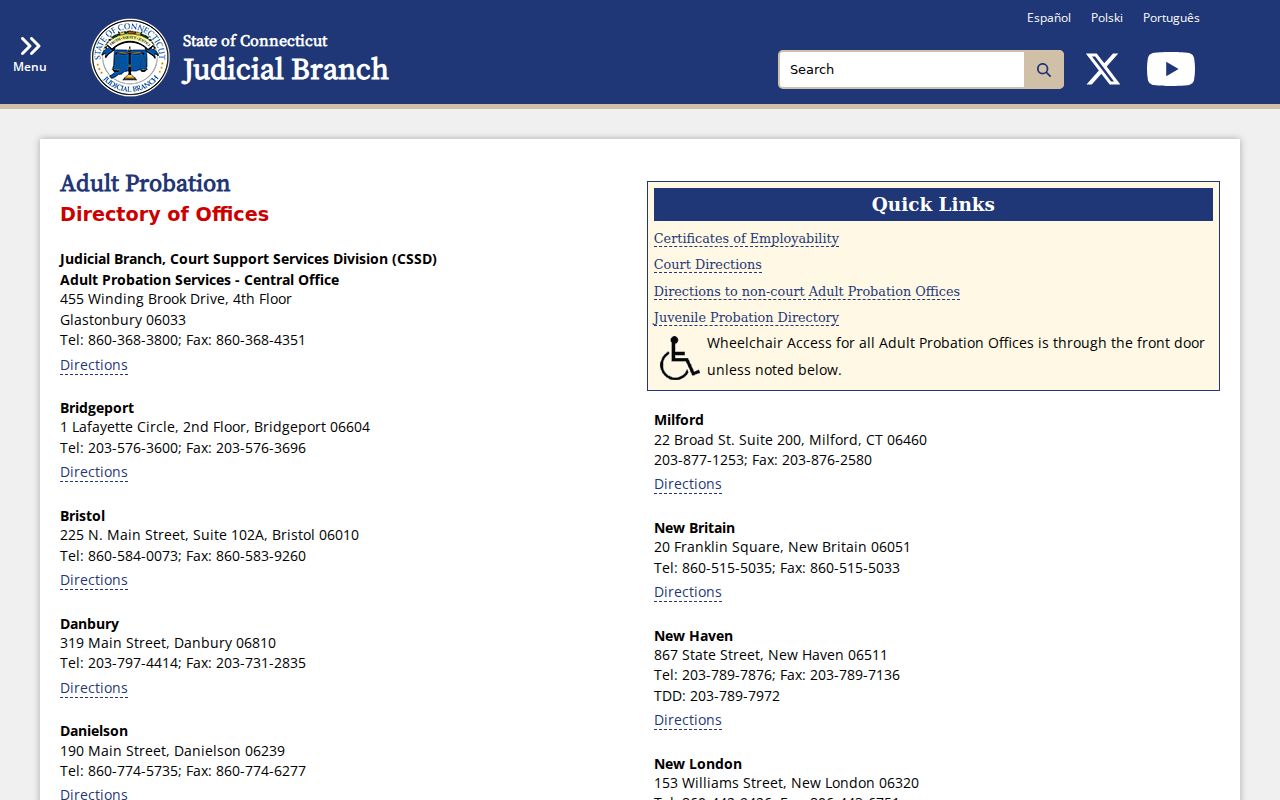 Connecticut Judicial Branch Adult Probation directory