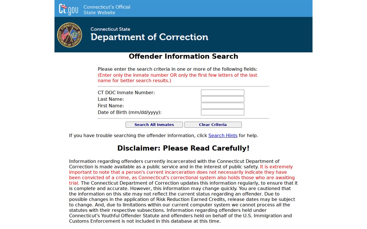 Connecticut DOC offender information search page