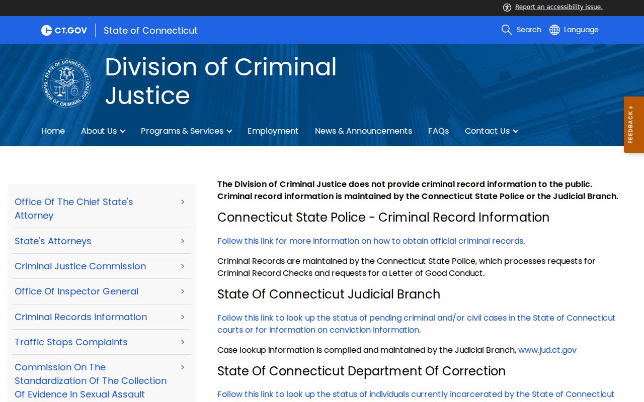 Connecticut Division of Criminal Justice criminal records routing page