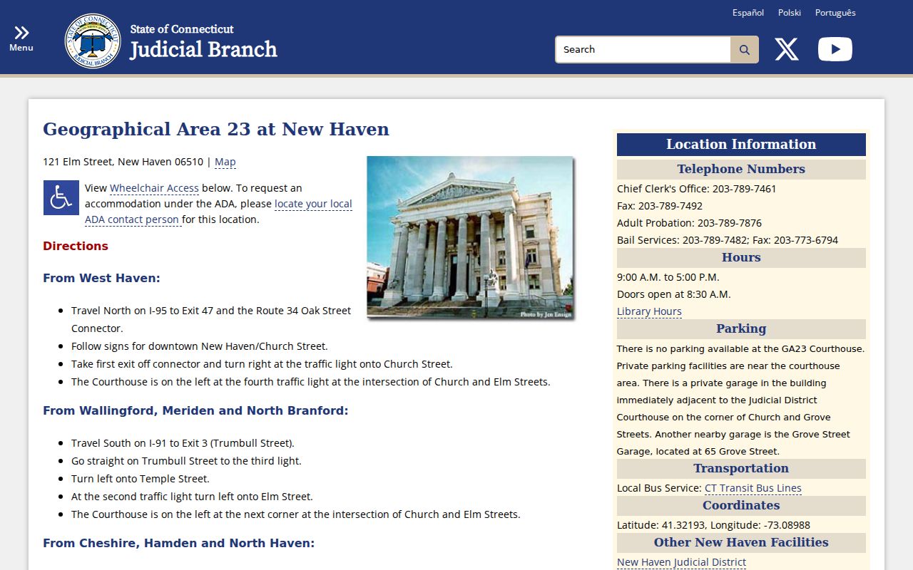 Connecticut Judicial Branch page for New Haven Geographical Area 23