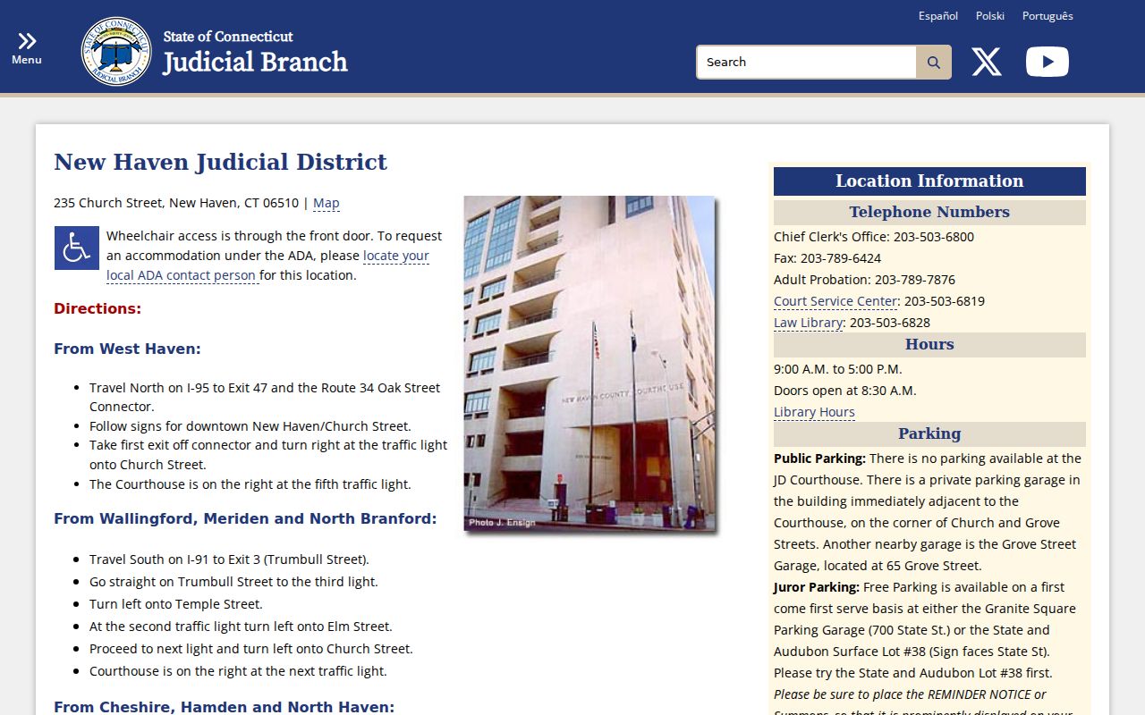 Connecticut Judicial Branch page for the New Haven Judicial District courthouse