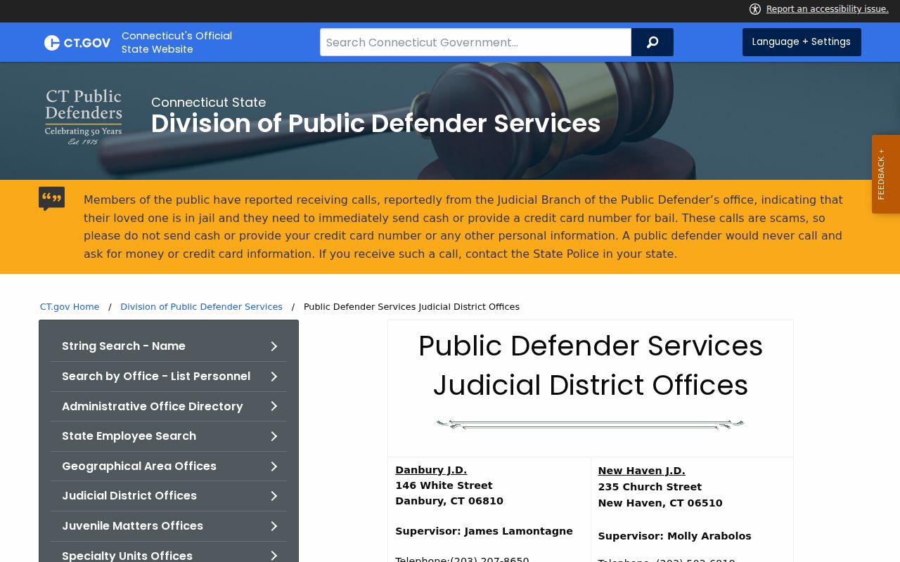 Connecticut public defender judicial district office directory
