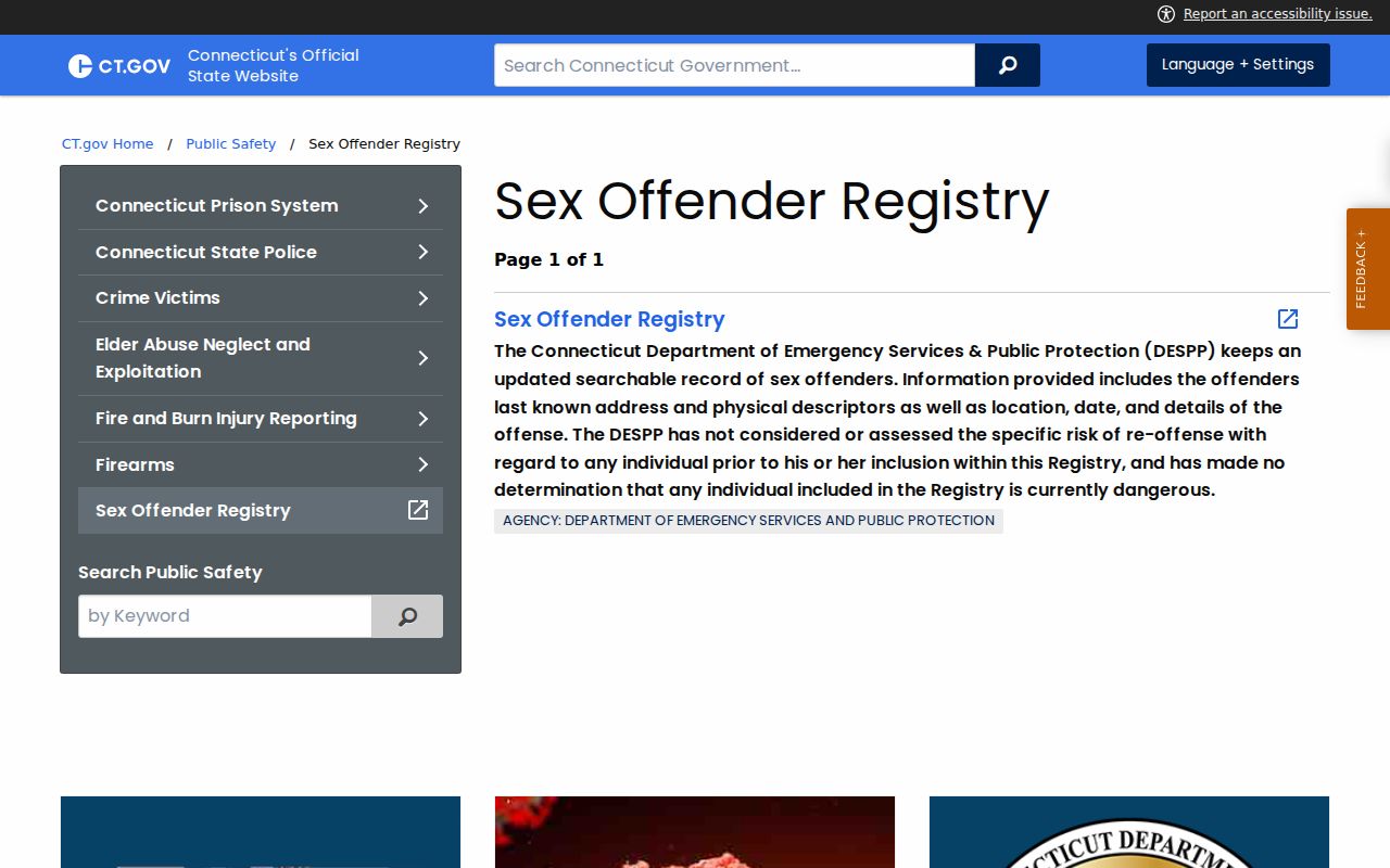 Connecticut official sex offender registry service page