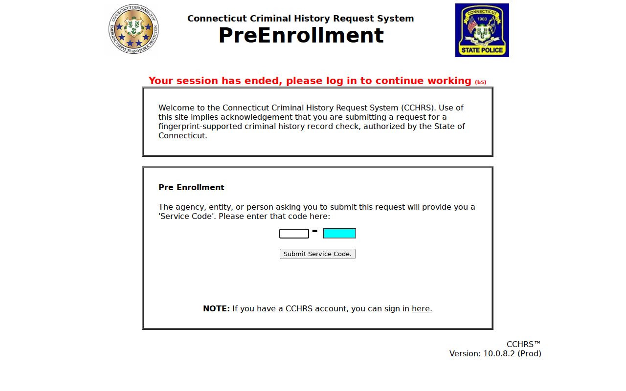 New Haven County criminal history CCHRS pre-enrollment portal