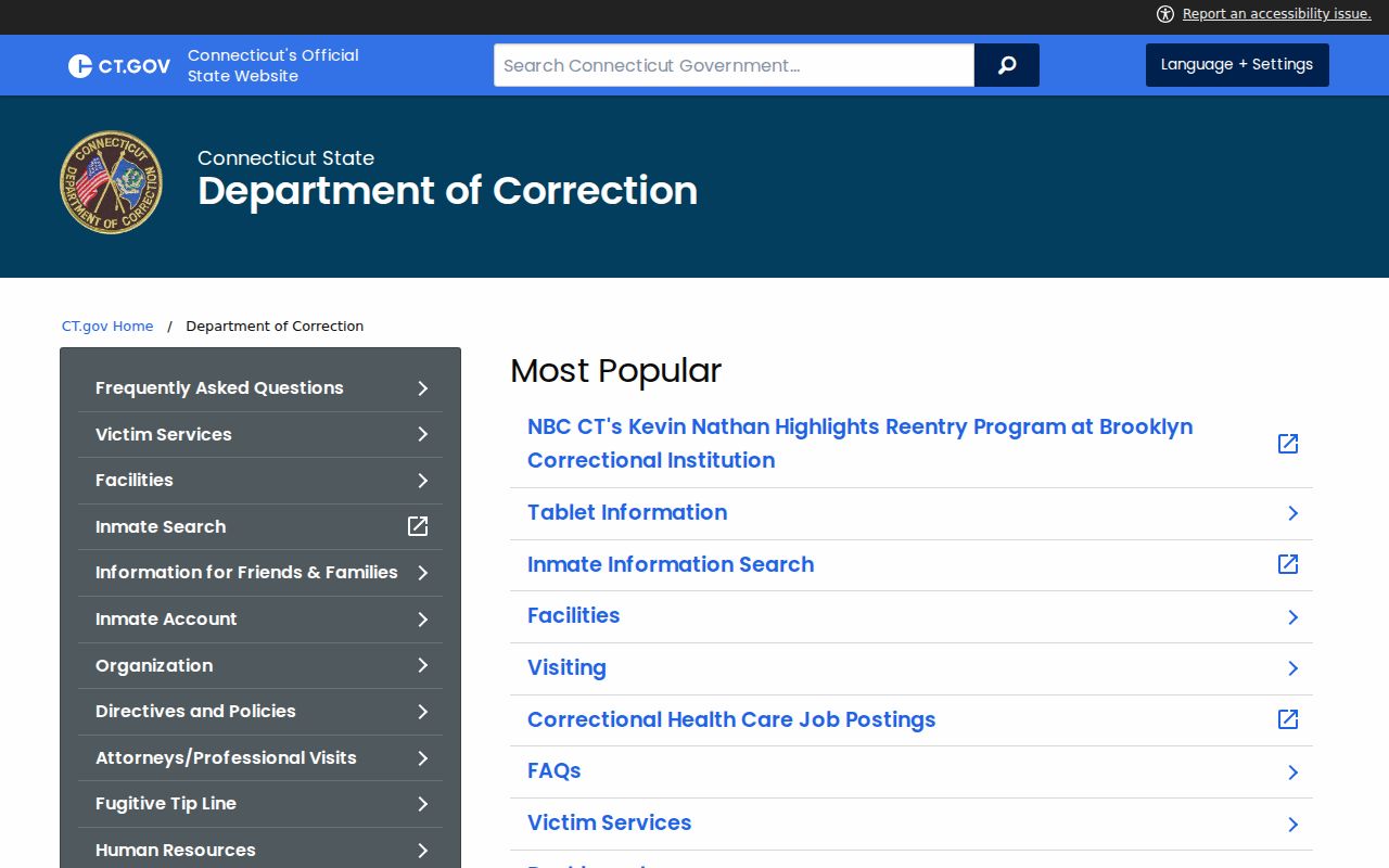 New Haven County criminal history Connecticut Department of Correction page